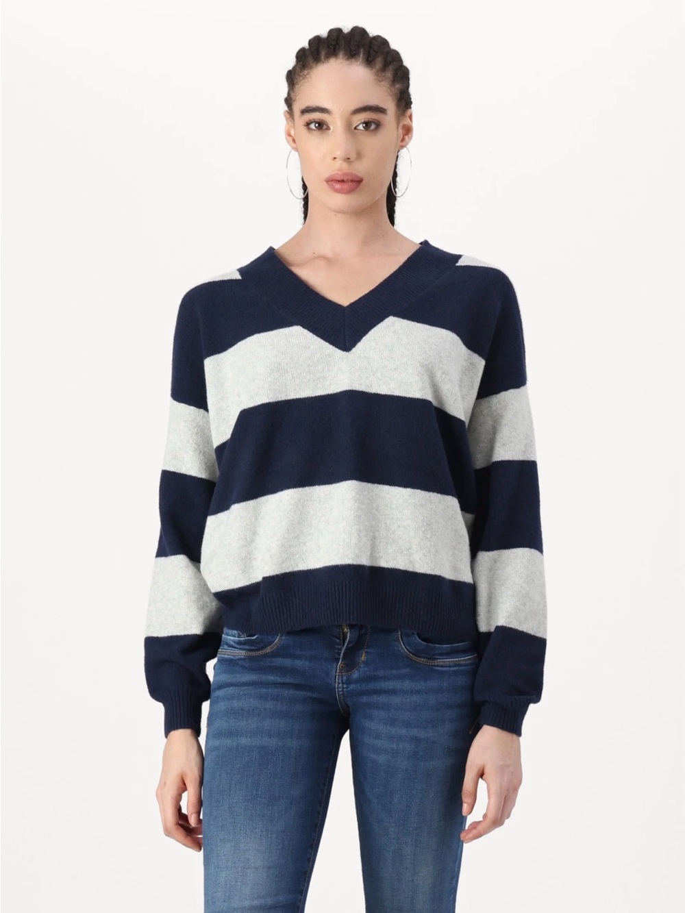 Hollister Navy & Light Gray Wide Stripe V-Neck Sweater